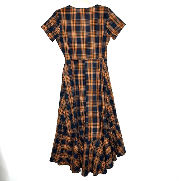 Stelen Cotton Plaid Wrap Dress Orange Navy Green Fall Plaid Size Med Ruffle Hem - Picture 2 of 9